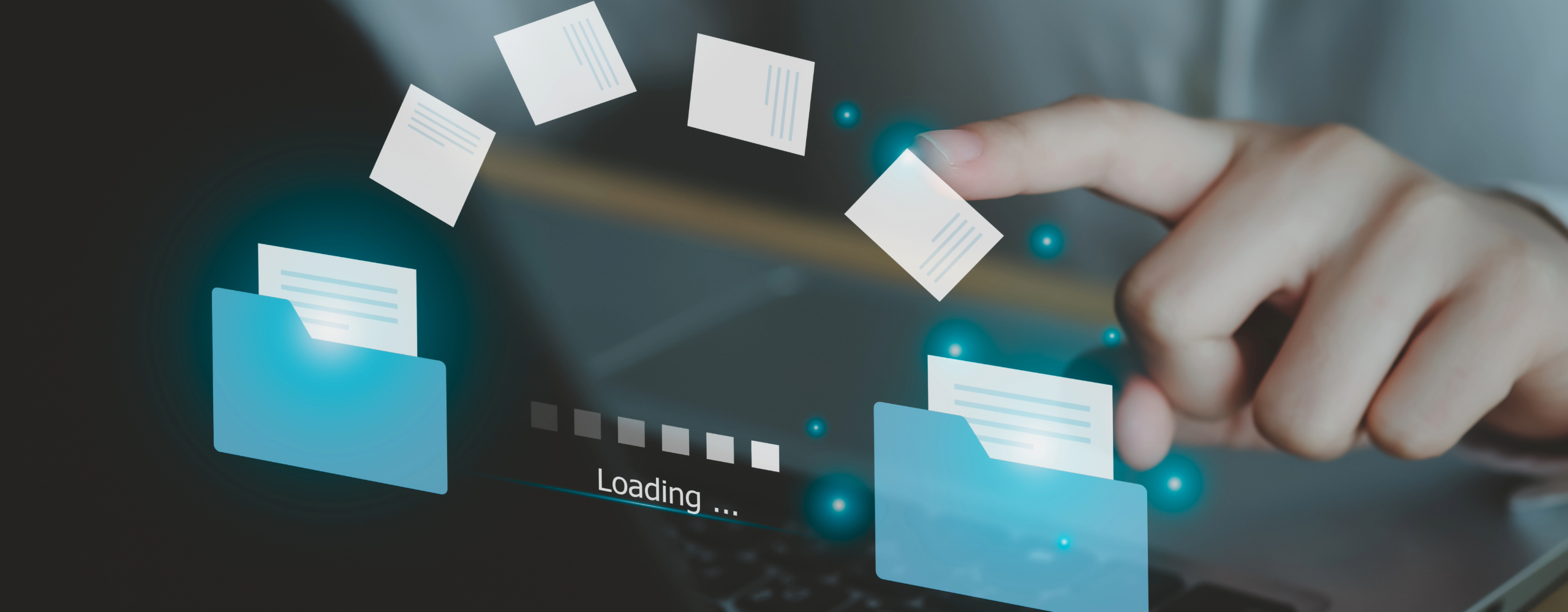 Finger moving digital files between folders with loading bar, symbolizing document sharing and file transfer for team collaboration.