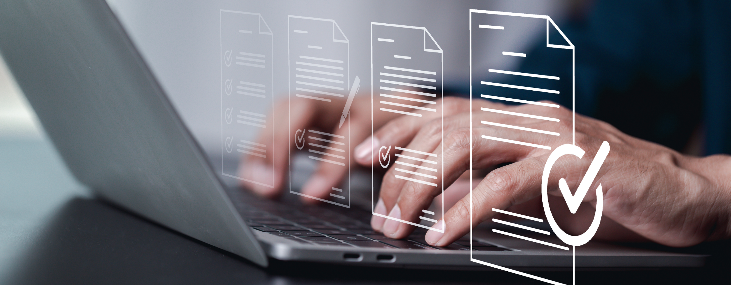 Hands typing on a laptop with digital document icons and checkmarks representing IT compliance, data security, and business documentation management.
