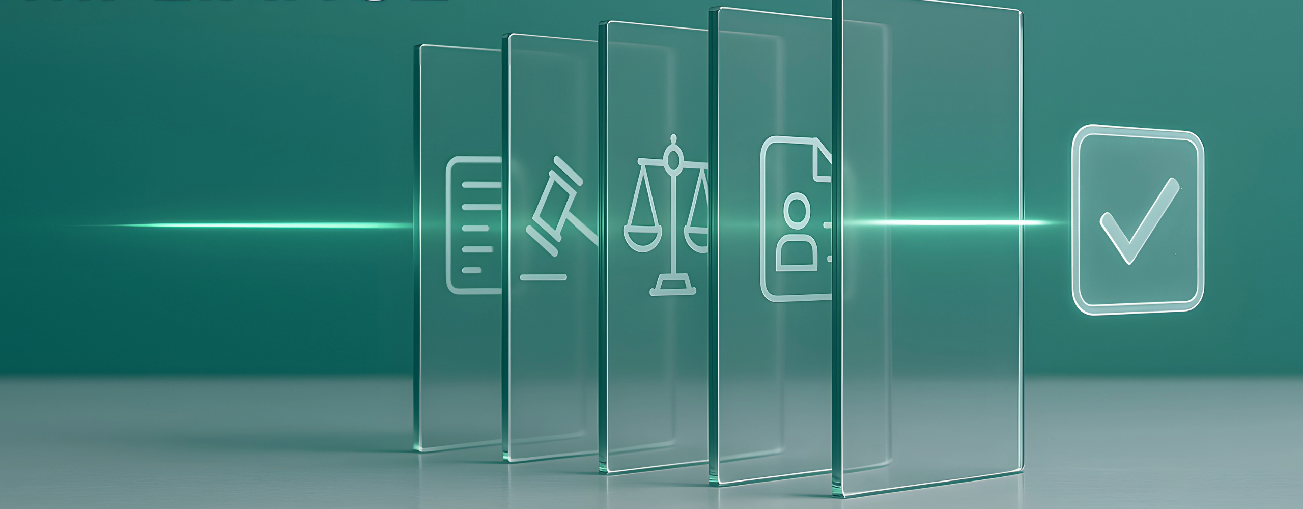 Glass panels with legal and compliance icons including document, gavel, scale, profile, and checkmark, symbolizing IT compliance and data protection standards.