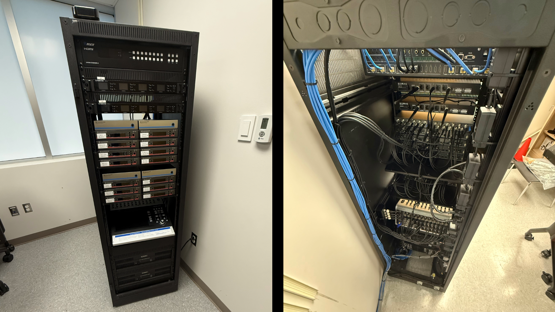 Professional audio video equipment rack powering microphones, displays, and conferencing systems at the David K. Hendrickson Conference Center.