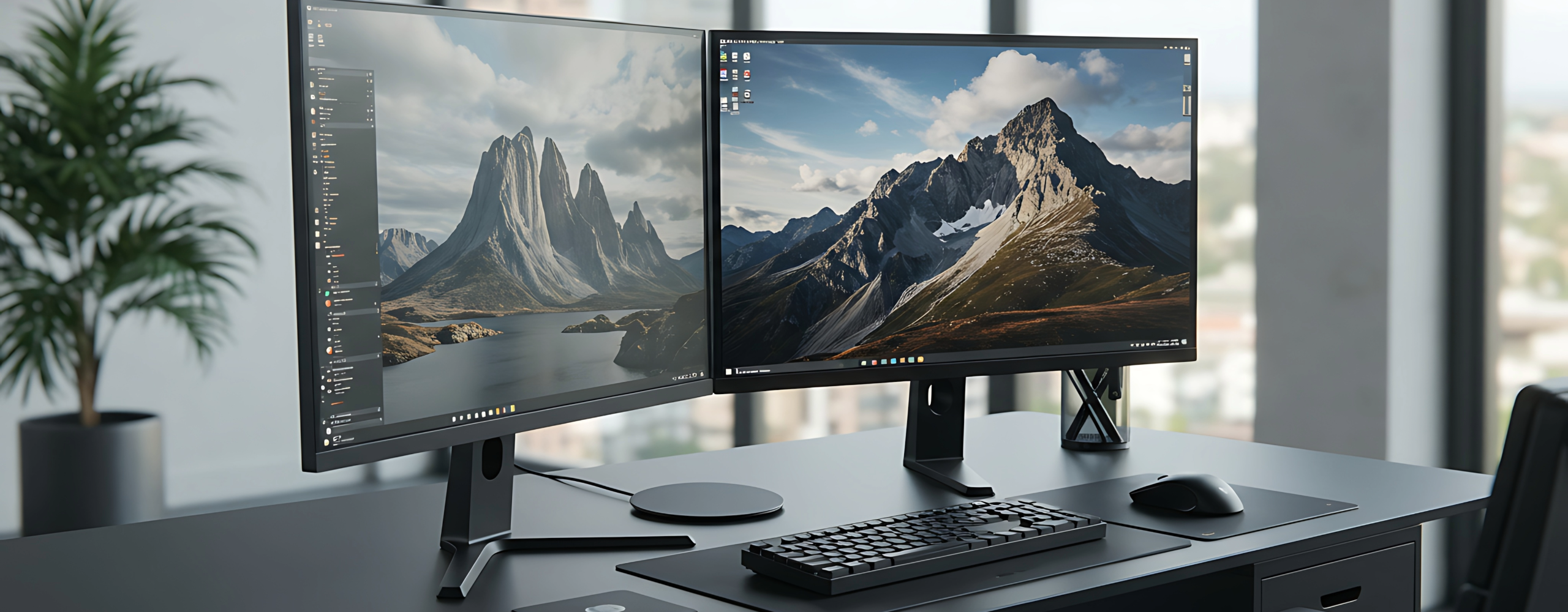 Dual monitor workspace setup with two widescreen screens, keyboard, and modern desk for improved productivity