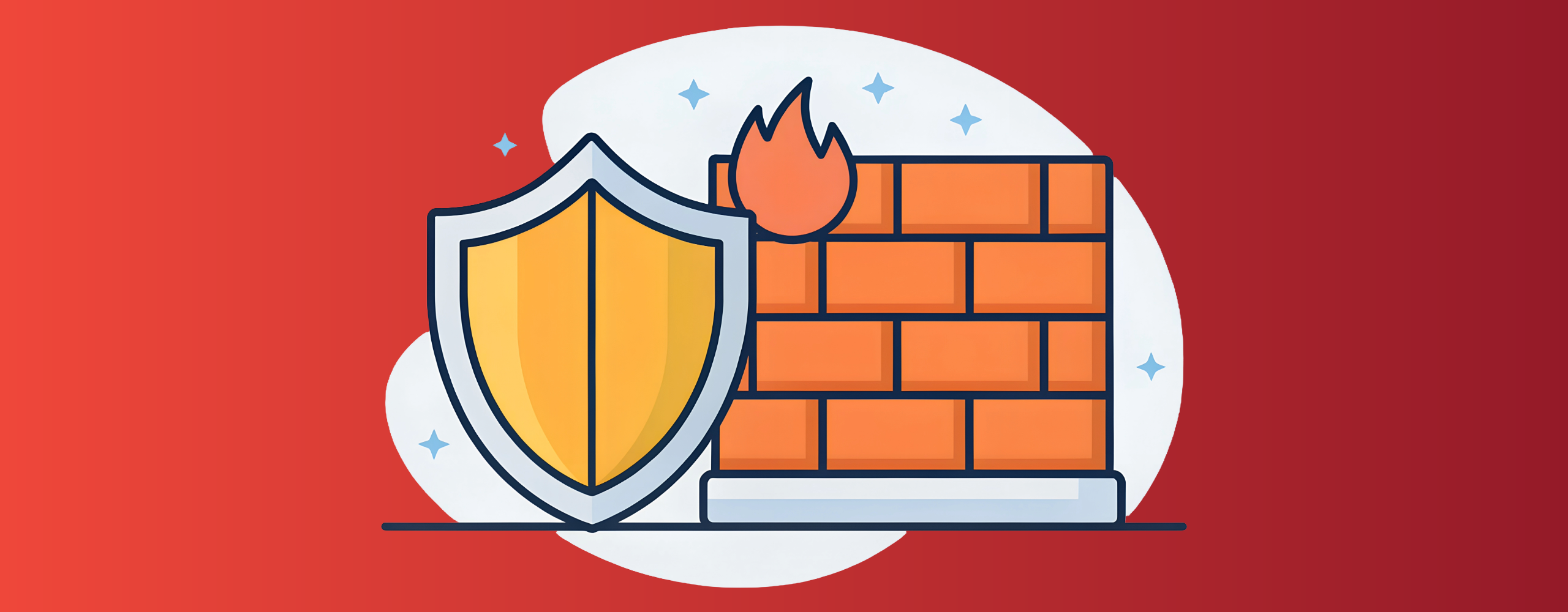 Business firewall protection with shield and brick wall blocking cyber threats and unauthorized network access.